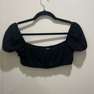 Divided Puff Sleeve Bralette Crop Top Black